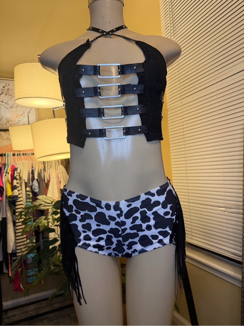 Cowgirl Festival Set Black Buckle Halter Top S & Cow Print Fringe Shorts S/M